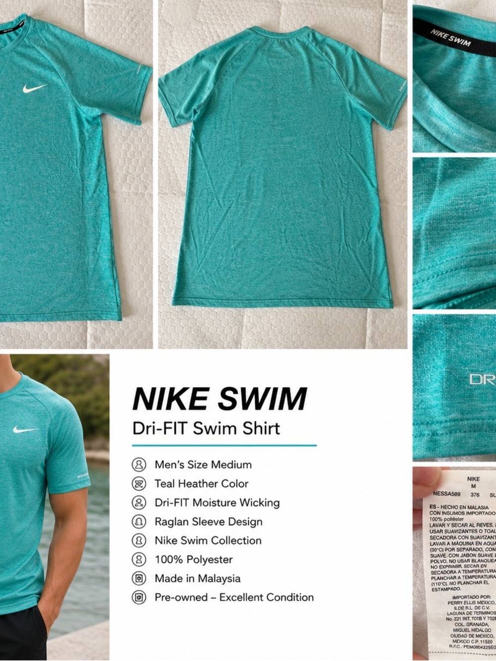 Nike Swim Dri Fit Performance Shirt Medium Teal Aqua Athletic Tee